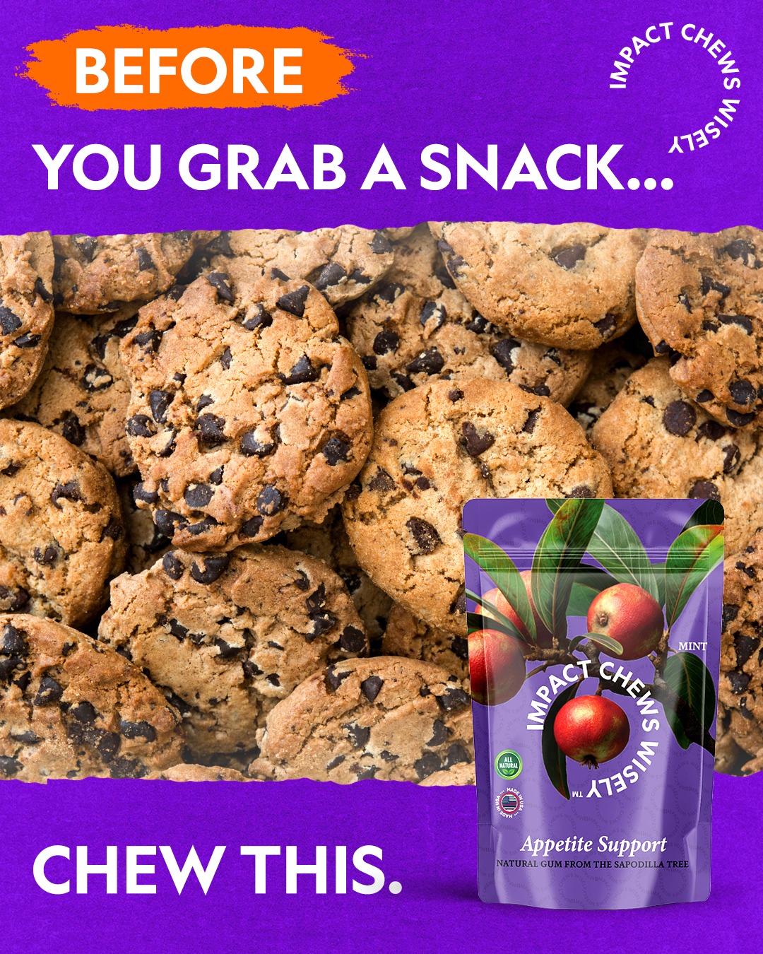 Pause before the snack. A simple chew can help you stay on track with your health goals and keep your cravings in check.

Make it part of your daily routine and chew smarter every day. Grab yours now.
ImpactChewsWisely.com 

#ImpactChewsWisely #ChewWisely #CravingControl #HealthyHabits #SugarFreeLifestyle #PlantBasedLiving #FunctionalGum